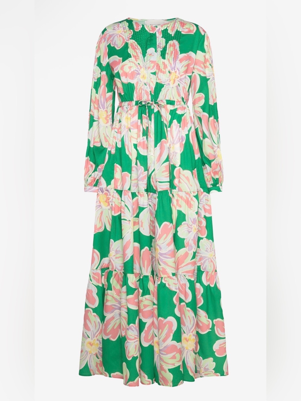 By Malina Green Floral Tiered Maxi Dress with Pink & Yellow Blooms NWT SIZE S - Picture 4 of 7
